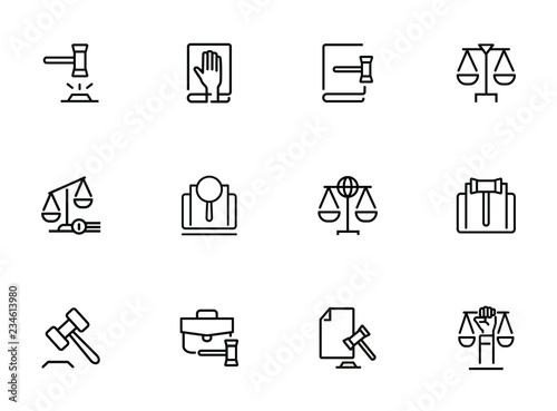 Law and justice line icons. Set of line icons on white background. Law concept. Gavel, rule, courtroom. Can be used for topics like judgement, law, government