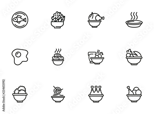Meals line icons. Set of line icons on white background. Cooking concept. Salad, fish, chicken. Vector illustration can be used for topics like kitchen, cooking, restaurants