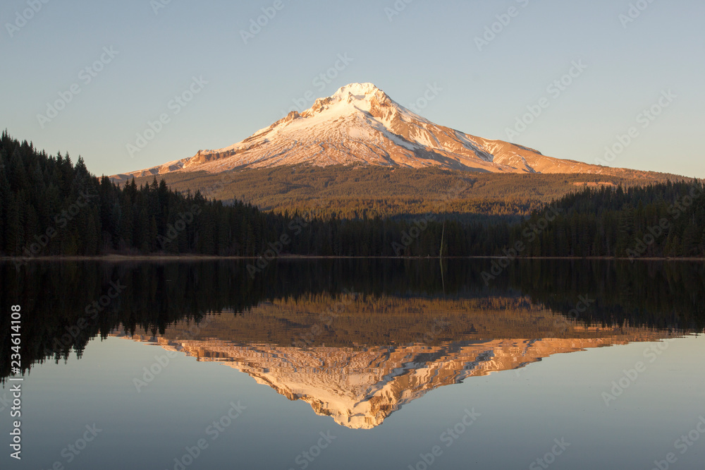Mount Hood at sunset with its reflection in the Trillium Lake.