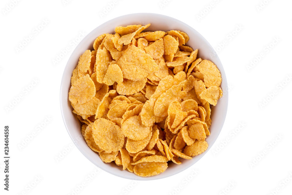 Corn flakes in a bowl isolated on white background Corn flakes in a bowl isolated on white background