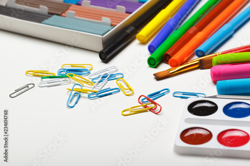 good preparation for school subjects. School accessories of color plasticine, multi-colored pencils