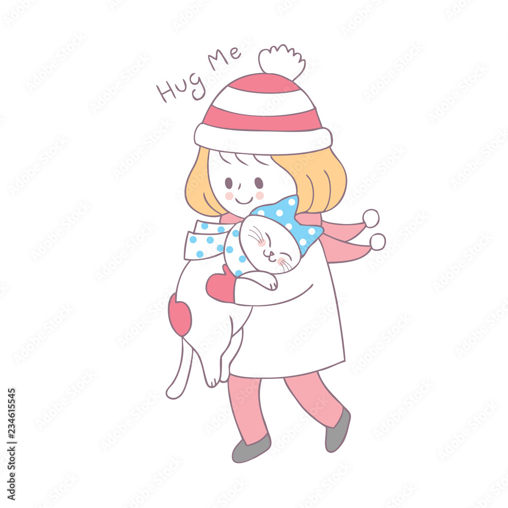 Cartoon cute winter girl and cat vector.
