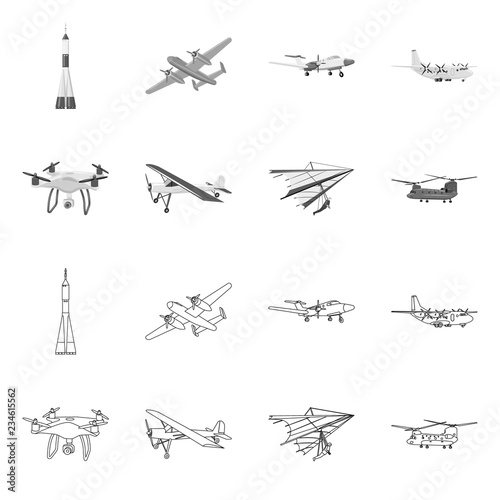 Vector design of plane and transport sign. Collection of plane and sky stock vector illustration.
