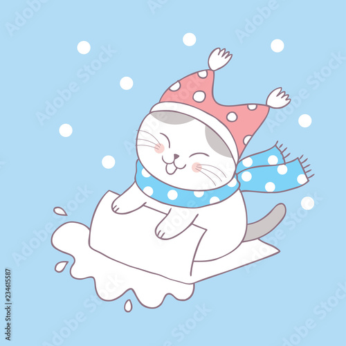 Cartoon cute winter cat vector. © Meaw_sally