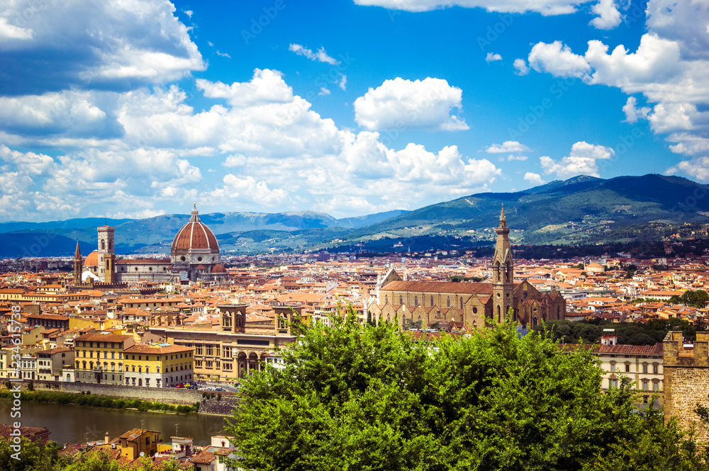 Panoramic view Florence Firenze (Duomo, towers, Cathedral, Cupola del Brunelleschi, tiled roofs of houses) from Piazzale Michelangelo, top view, Florence, Tuscany, Italy