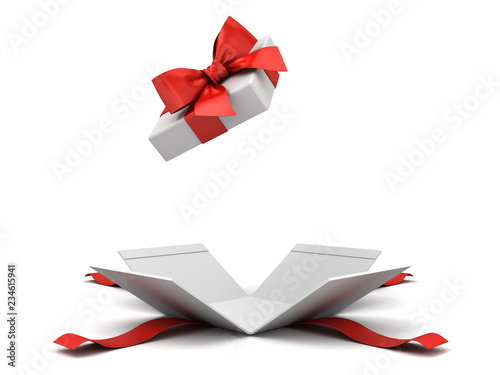 Open gift box or present box with red ribbon bow isolated on white background with shadow 3D rendering