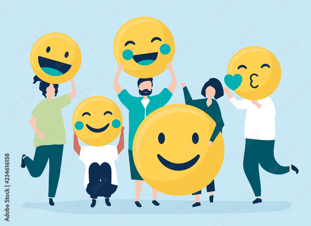 Ταπετσαρία Characters of people holding positive emoticons illustration