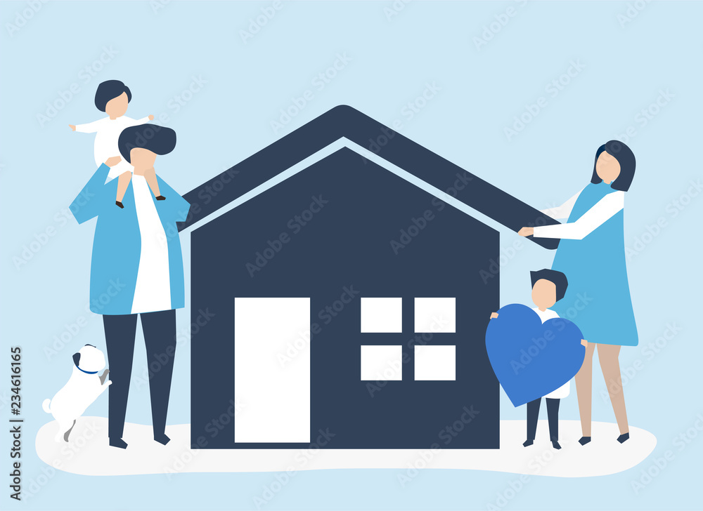 Εκτύπωση καμβά Characters of a loving family and their house illustration