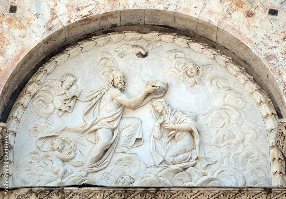 Coronation of the Virgin Mary, portal of Santa Maria Forisportam church in Lucca, Tuscany, Italy