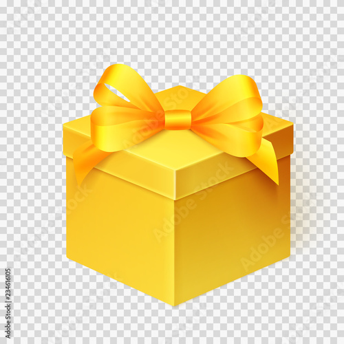 Realistic yellow gift box with ribbon. Design template for Holiday Christmas present. Vector illustration.