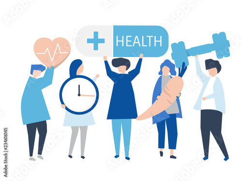 Charactes of people holding health icons illustration