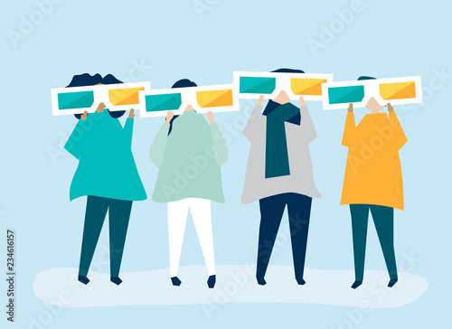 Characters of people holding 3d glasses illustration