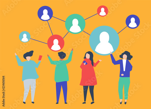 Characters of people and their social network illustration