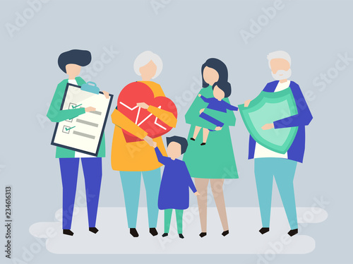 Characters of an extended family with healthcare illustration