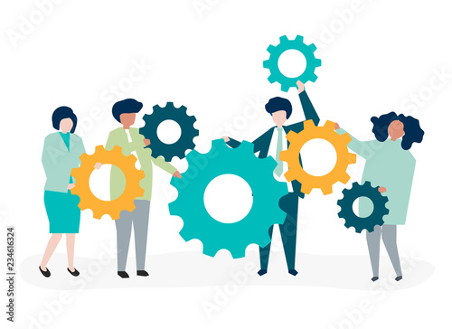 Characters of business people holding cogwheels illustration