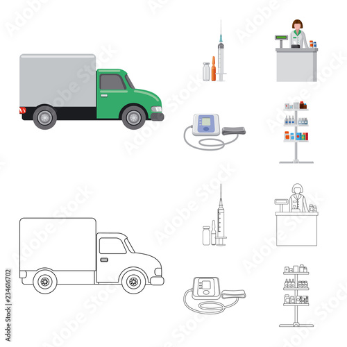 Vector illustration of pharmacy and hospital icon. Set of pharmacy and business stock symbol for web.