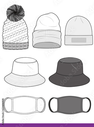 Bucket hat Beanie Mask set Fashion flat technical drawing vector template 