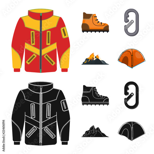 Vector illustration of mountaineering and peak symbol. Set of mountaineering and camp stock vector illustration.