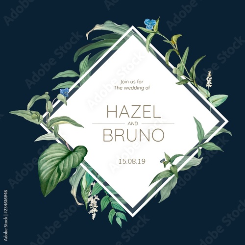 Wedding invitation card with green leaves design vector
