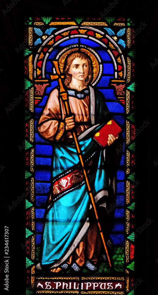 Saint Philip the Apostle, stained glass window in the San Michele in Foro church in Lucca, Tuscany, Italy Saint Philip the Apostle, stained glass window in the San Michele in Foro church in Lucca, Tuscany, Italy