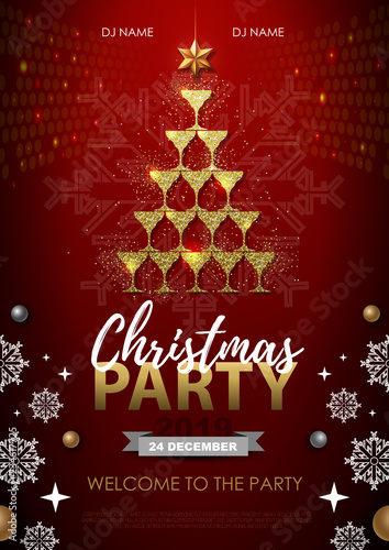 Christmas party poster with golden champagne glass. Golden Christmas tree on red background