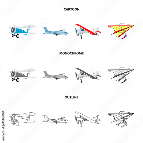 Vector design of plane and transport sign. Collection of plane and sky stock symbol for web.