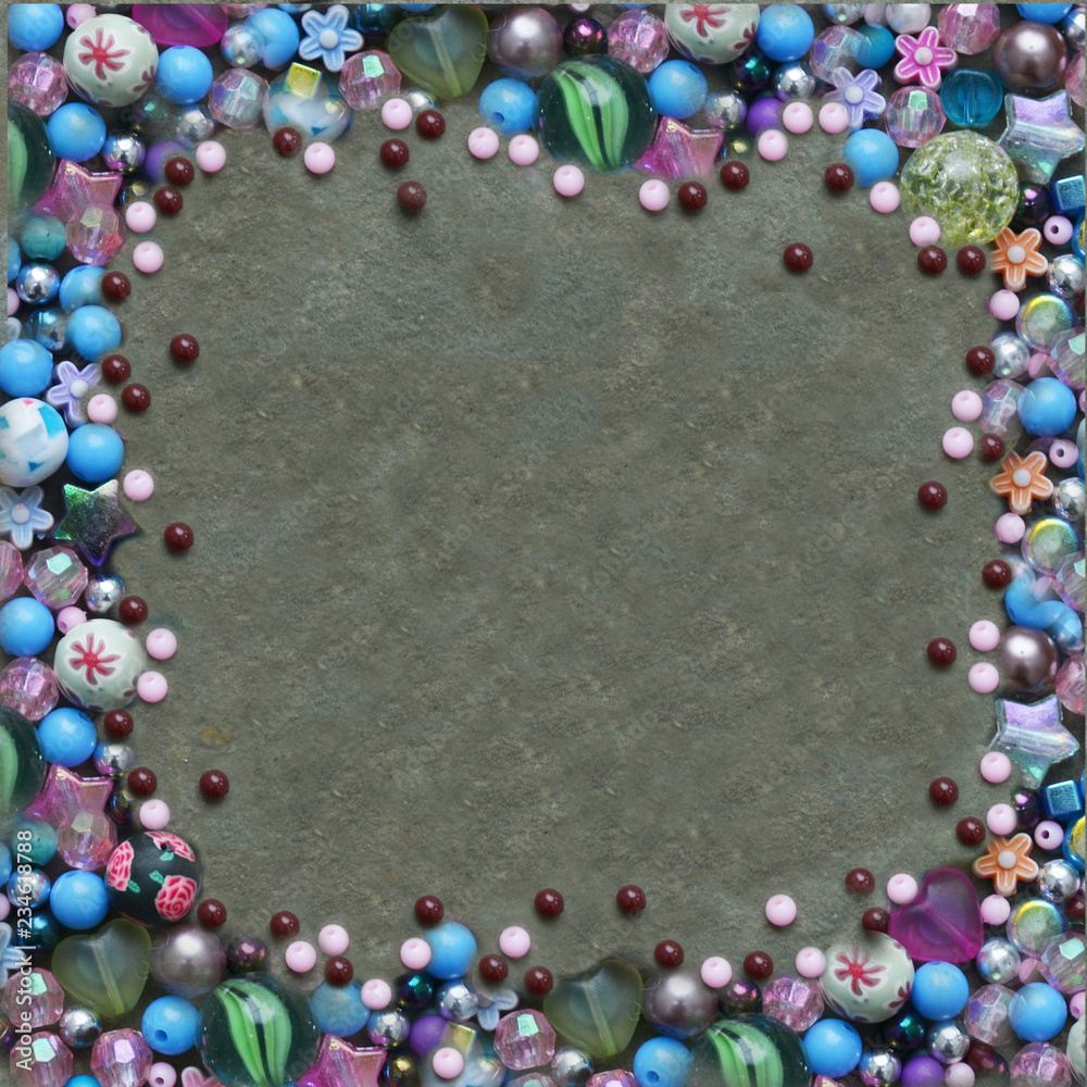 Colorful beads frame background in pink, blue, purple , white colours Colorful beads frame background in pink, blue, purple , white colours