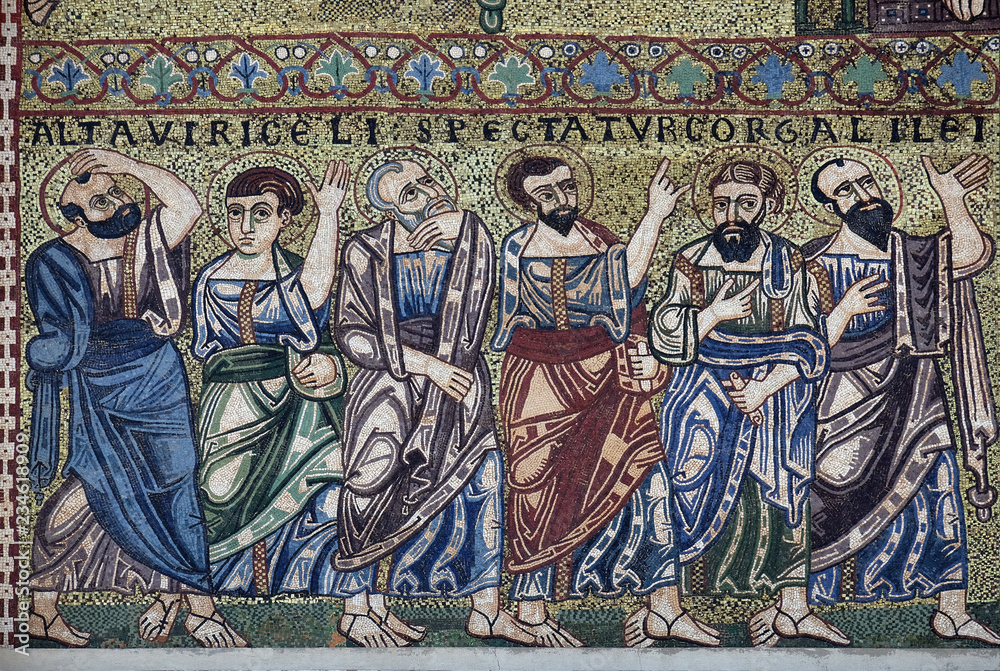 Apostles mosaic on the facade on Romanesque Basilica of San Frediano, Lucca, Tuscany, Italy 