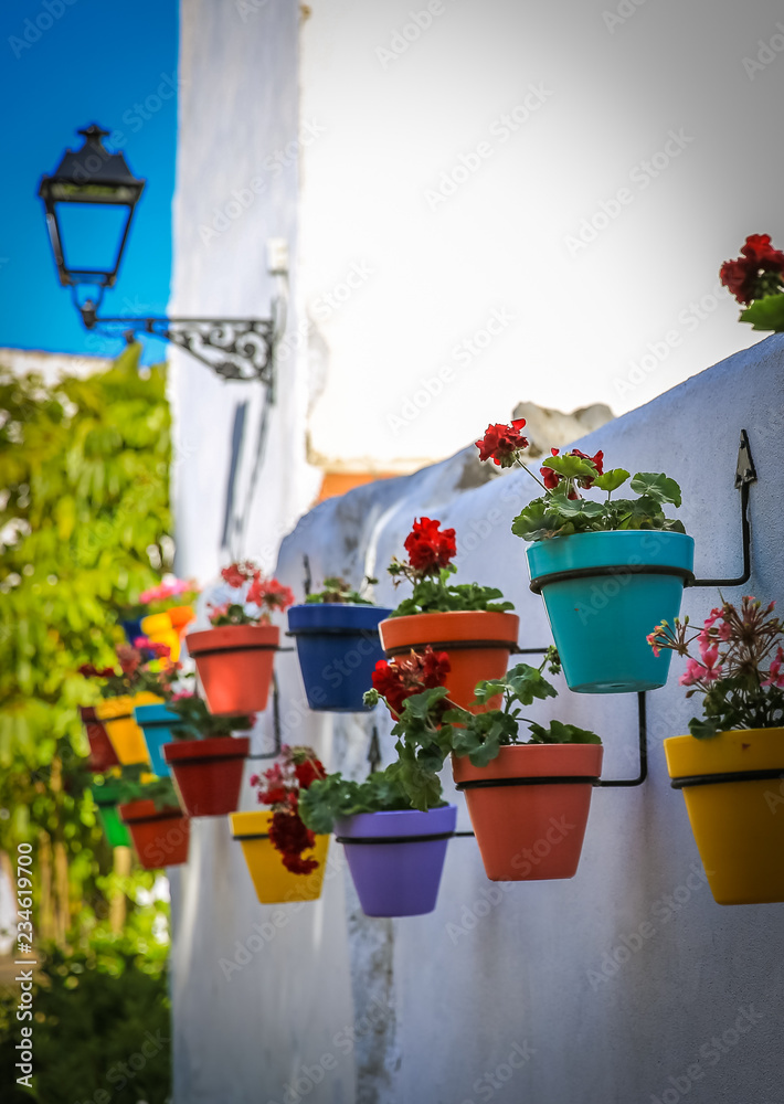 Many colorful pots with geraniums hanging on a white wall on one of the streets in Malaga