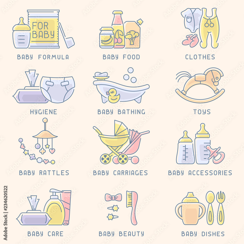 Baby accessories icons set. Contour with fill style vector illustration. Suitable for advertising or web Baby accessories icons set. Contour with fill style vector illustration. Suitable for advertising or web