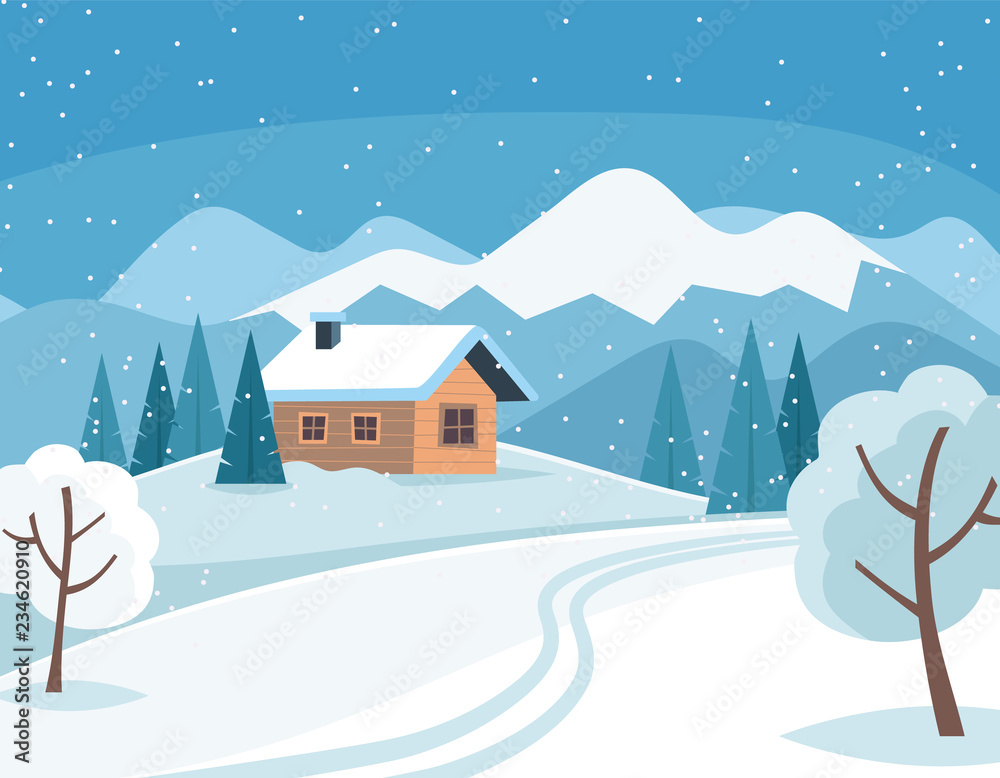 White snowy winter landscape with cute country house and mountains and trees. Vector illustration in flat style.