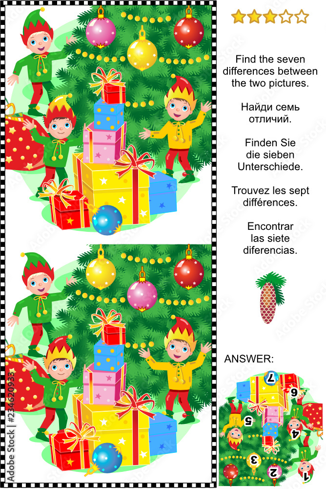 Christmas or New Year visual puzzle: Find the 7 differences between the two pictures of elves and gifts nearby the christmas tree. Answer included.
