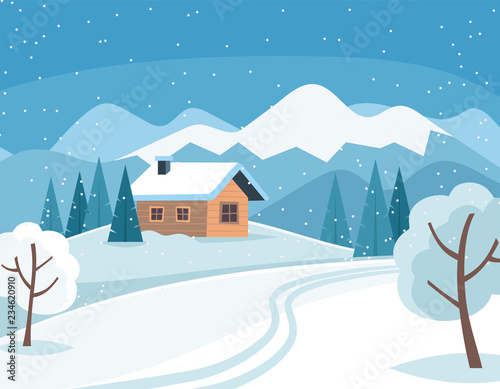 White snowy winter landscape with cute country house and mountains and trees. Vector illustration in flat style.