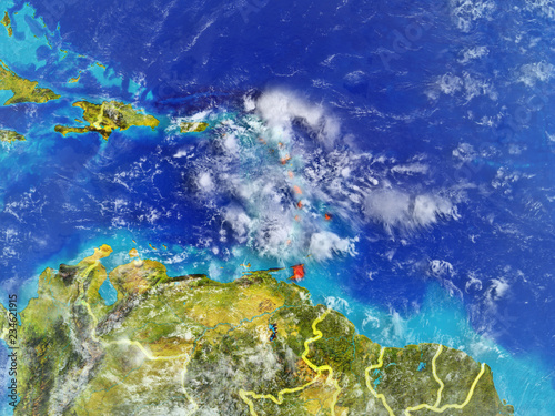 Caribbean from space on model of planet Earth with country borders. Extremely fine detail of planet surface and clouds.