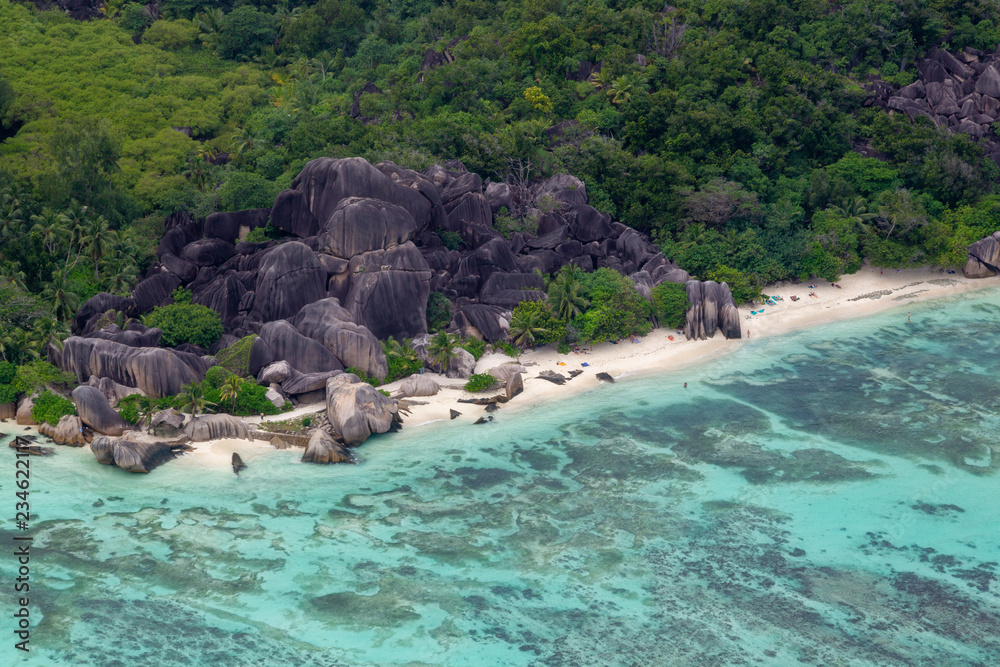 Aerial view of the Anse Source d'Argent on La Digue, Seychelles in the Indian Ocean.