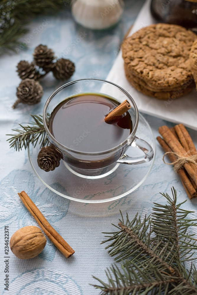 Christmas breakfast with black coffee and homemade oatmeal cookies. Morning, daylight. Christmas breakfast with black coffee and homemade oatmeal cookies. Morning, daylight.