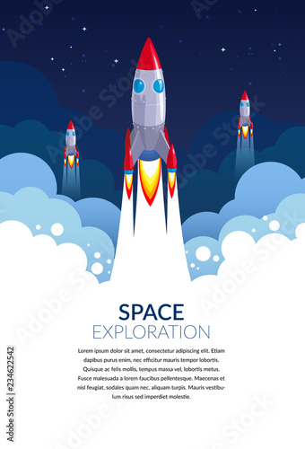 Space exploration start-up business rocket vector illustration for space banners or posters flat design. Rocket spaceship or spacecraft startup launch