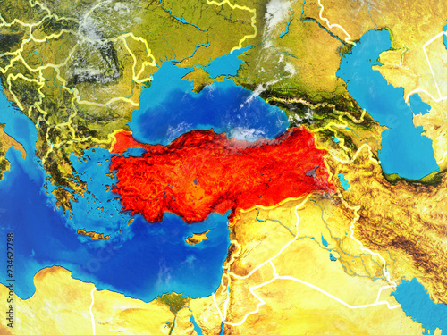 Turkey from space on model of planet Earth with country borders. Extremely fine detail of planet surface and clouds.