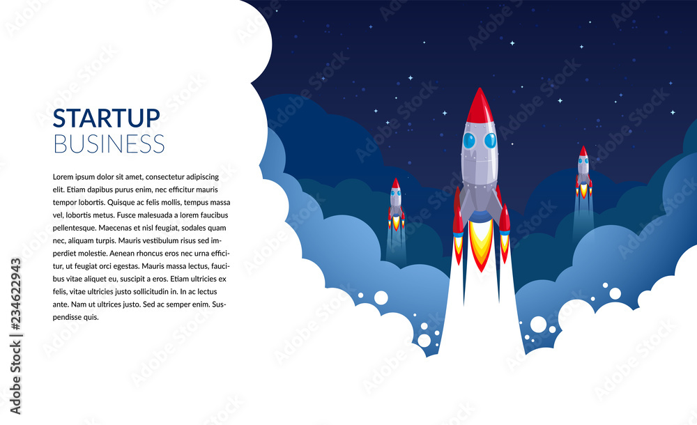 Space exploration start-up business rocket vector illustration for space banners or posters flat design. Rocket spaceship or spacecraft startup launch