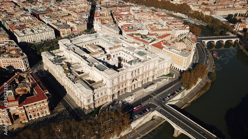 Aerial drone bird's eye panoramic view of famous Cavour square and iconic neoclassic building of Supreme Court of Cassation (Italian: Corte Suprema di Cassazione), Rome, Italy