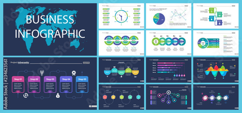 Business inforgraphic design set for management concept. Can be used for business project, annual report, web design. Process chart, option chart, scatter plot, pie chart, flowchart, donut diagram