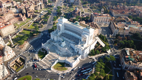 Aerial drone view of iconic neoclassic building of Altar of the Fatherland - Altare della Patria, known as the national Monument to Victor Emmanuel II in city of Rome, Piazza Venezia, Italy