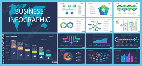 Business inforgraphic design set for marketing concept. Can be used for business project, annual report, web design. Process chart, option chart, flowchart, bar graph, area chart, donut diagram
