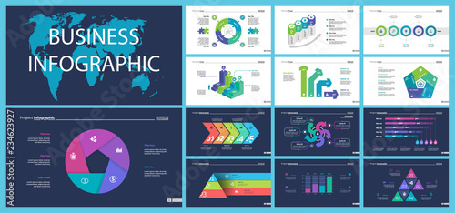 Creative business infographic diagram set can be used for annual report, web design, workflow layout. Marketing concept. Option venn, process, percentage chart, bar graph, area chart, timeline