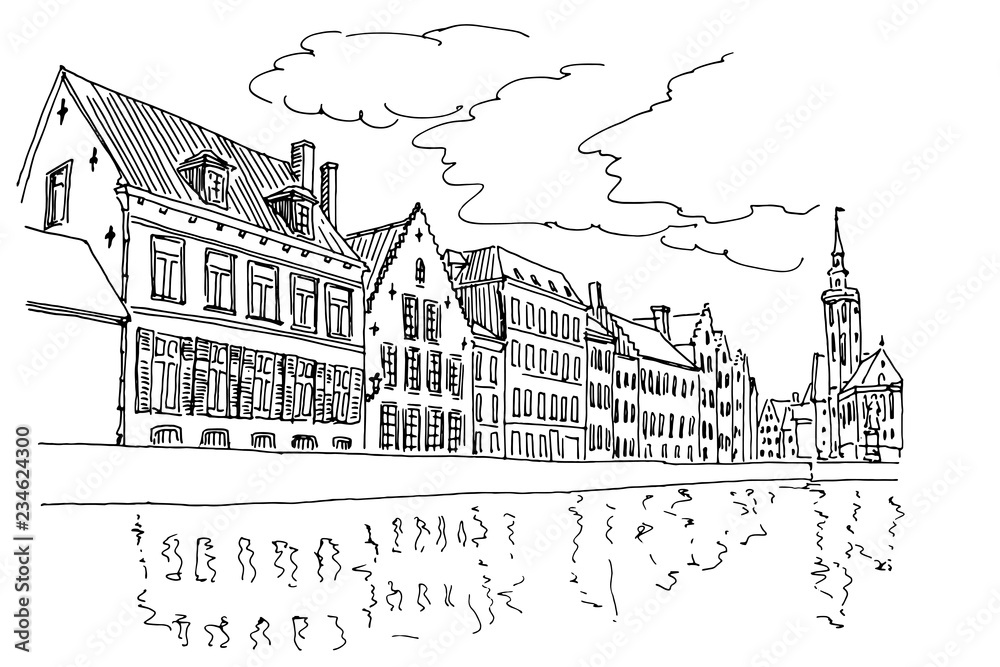 Buildings along a channel in Spiegelrei street, Bruges, Belgium.