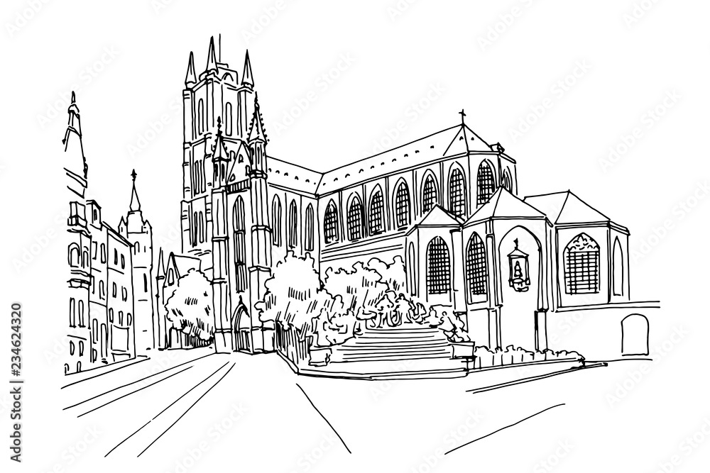 Vector sketch of  the Saint Bavo Cathedral (Sint-Baafs Cathedral) in Ghent, Belgium.