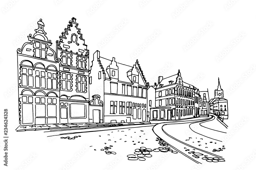 Fototapeta premium Vector sketch of Traditional architecture in the town of Ghent, Belgium
