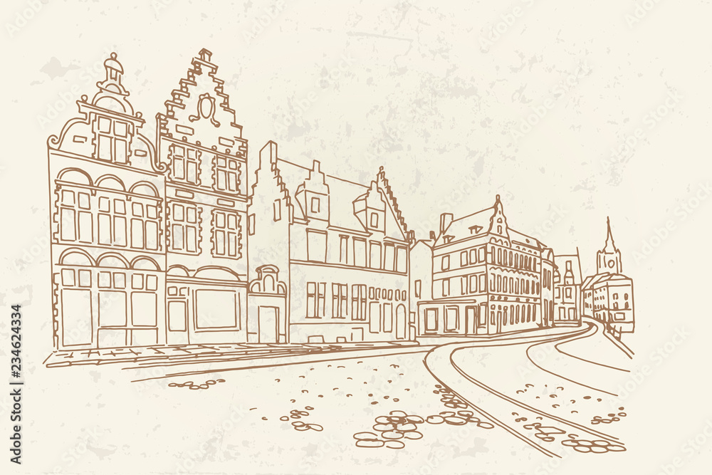 Vector sketch of Traditional architecture in the town of Ghent, Belgium