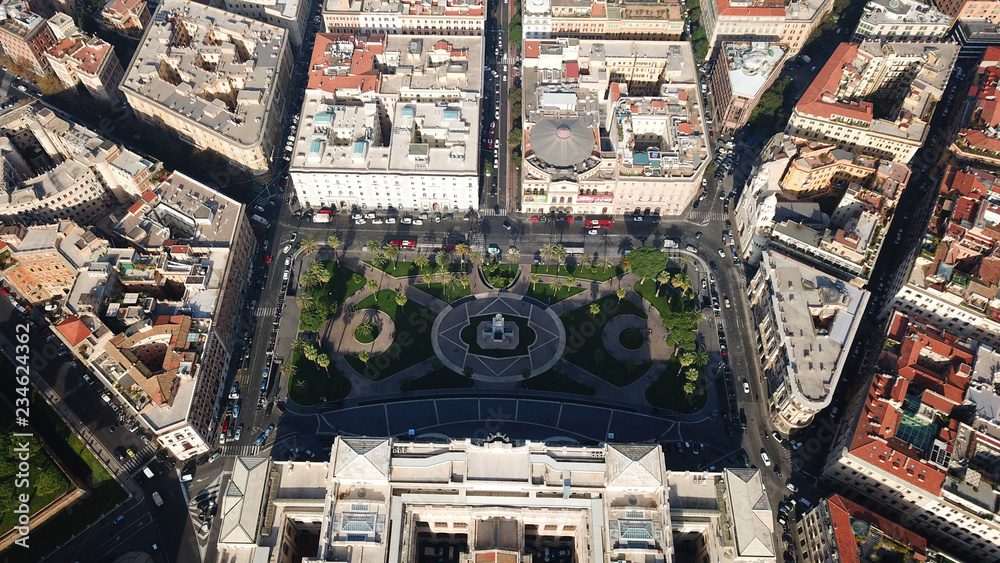 Aerial drone bird's eye panoramic view of famous Cavour square and iconic neoclassic building of Supreme Court of Cassation (Italian: Corte Suprema di Cassazione), Rome, Italy