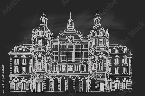 Vector sketch of  Antwerp main railway station. Antwerpen, Belgium.
